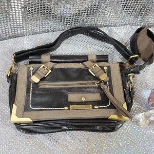 Unique Briefcase Style Black + Tan + Gold Handbag